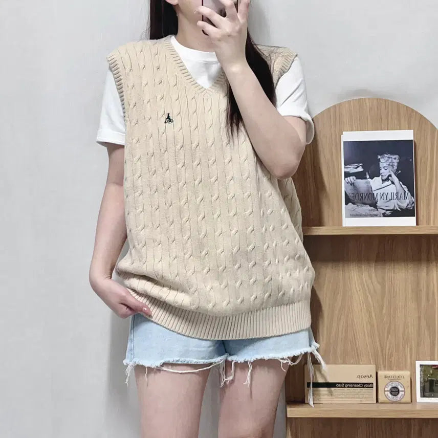 [BUNJANG] Beanpole Beige Cable Knit Vest (105) / 빈폴 베이지 꽈배기 니트조끼 [ 105 ]