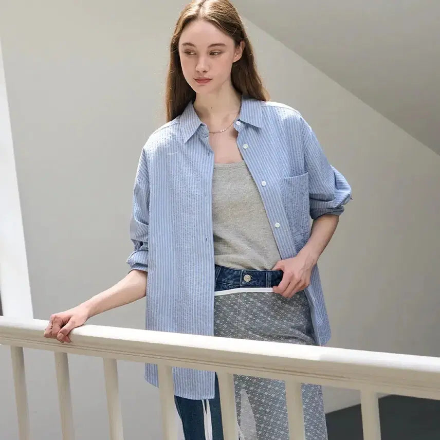 [BUNJANG] Drawfit Women's Double Stripe Seersucker Shirt / 드로우핏 우먼 더블 스트라이프 시어서커 셔츠