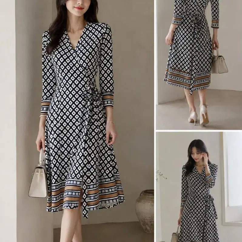 [BUNJANG] Chaumont Slim Fit Wrap Dress Black & White Geometric Pattern Flare Dress / Chaumont 슬림핏 랩원피스 블랙화이트 패턴 플레어원피스