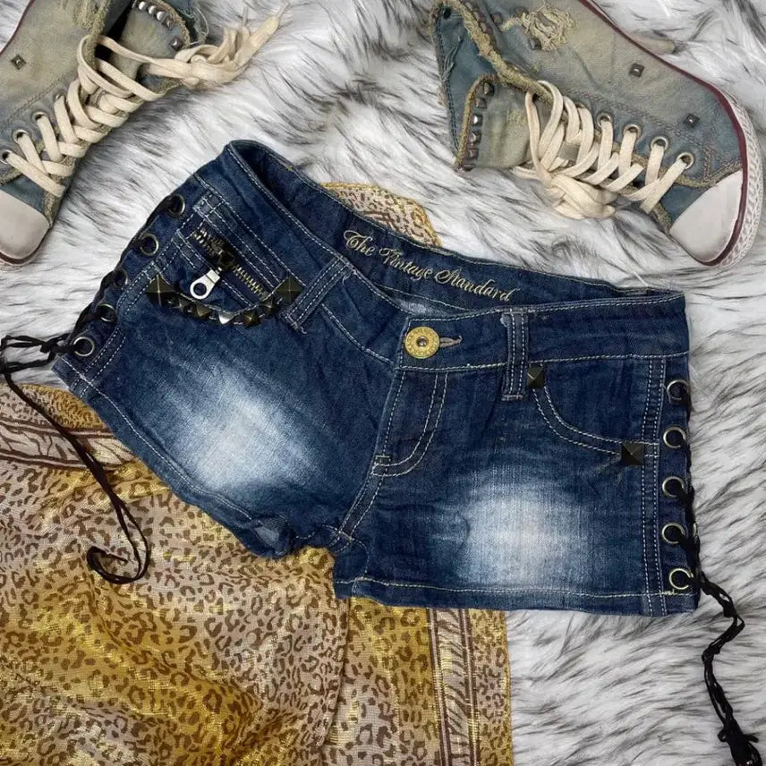 [BUNJANG] Skybomber Vintage Low Rise Studded Pants Shorts / 스카이봄버 빈티지 로우라이즈 스터드 팬츠 쇼츠 갸루 y2k