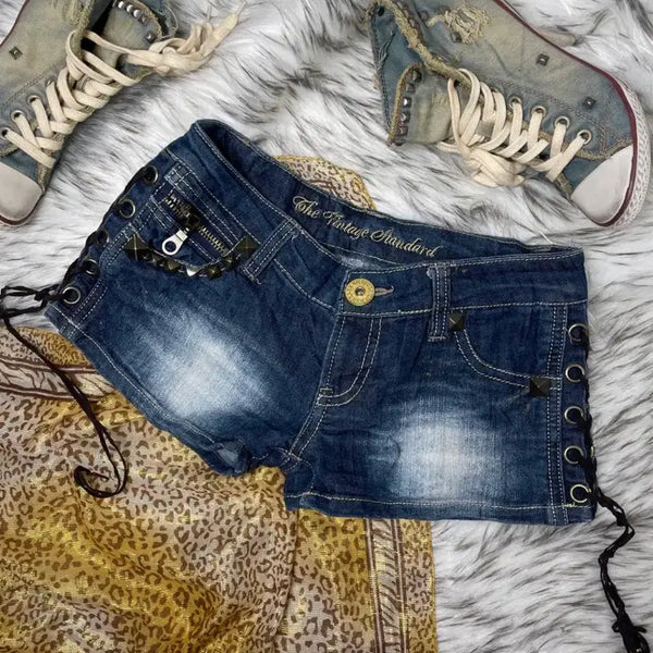 [BUNJANG] Skybomber Vintage Low Rise Studded Pants Shorts / 스카이봄버 빈티지 로우라이즈 스터드 팬츠 쇼츠 갸루 y2k