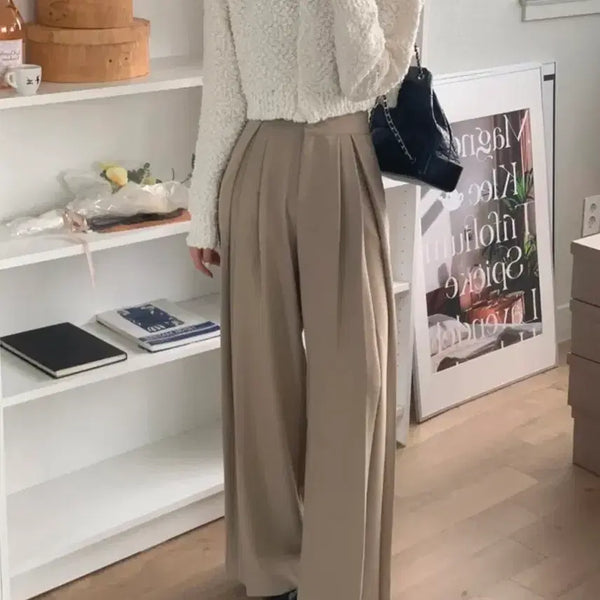[BUNJANG] Beige High-Waist Wide-Leg Slacks Pants / 베이지 하이웨스트 와이드 팬츠 슬랙스