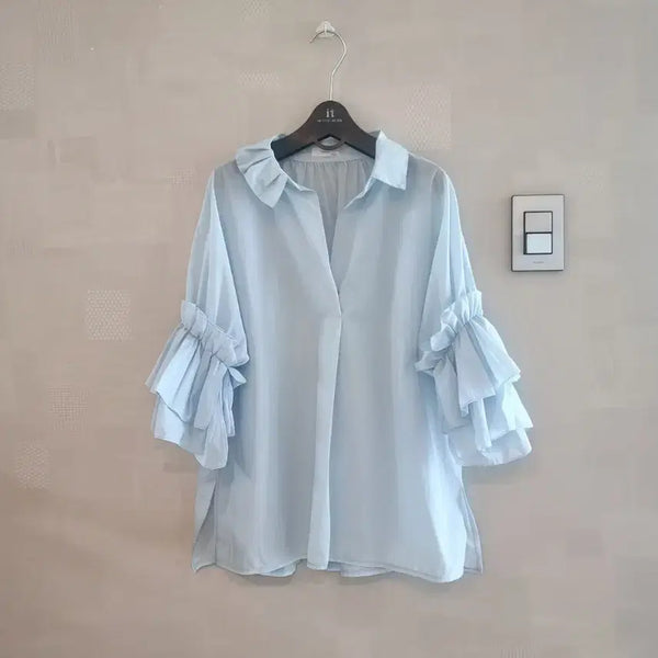 [BUNJANG] Ruffle Sleeve Blouse Sky Blue Oversized / 러플 소매 블라우스 하늘색 오버핏66~88