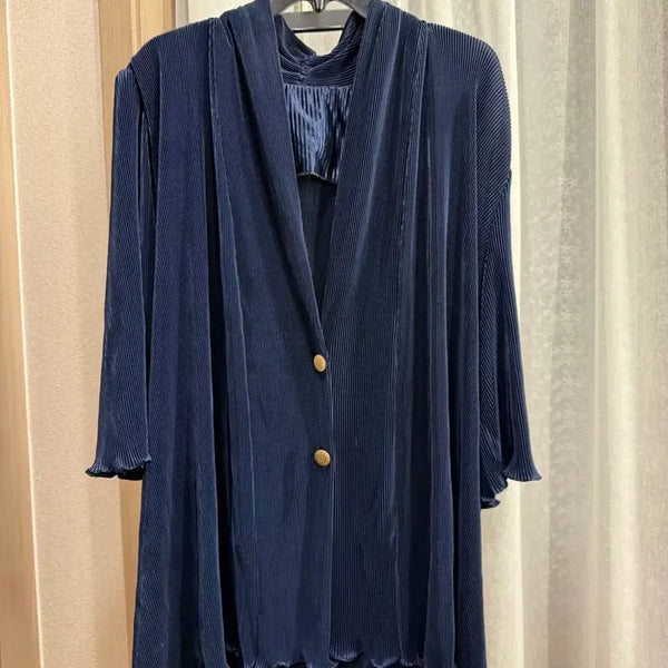 [BUNJANG] Premium Navy Pleated Long Cardigan Jacket (Japan Purchase) / 일본구매한 고급스러운 네이비 플리츠 롱 가디건 자켓