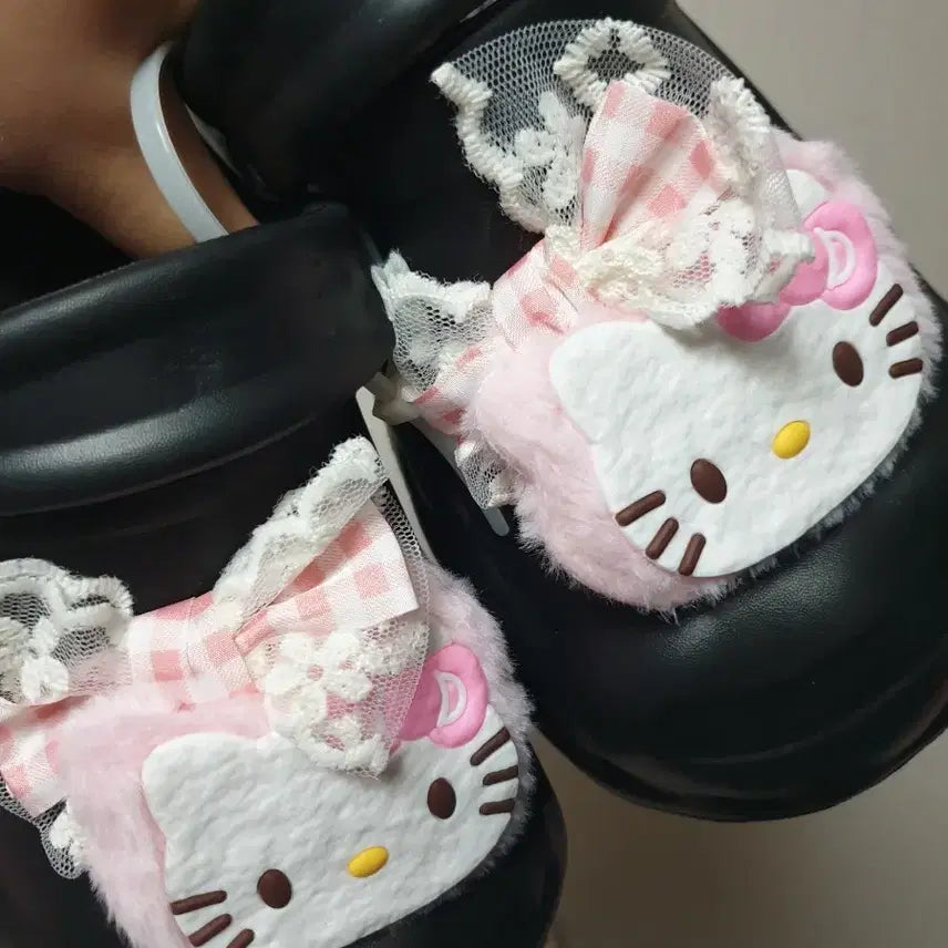 [BUNJANG] Hello Kitty Ribbon Platform Sandals Slippers - Black / 240 헬로키티 리본 통굽 샌들 슬리퍼 블랙