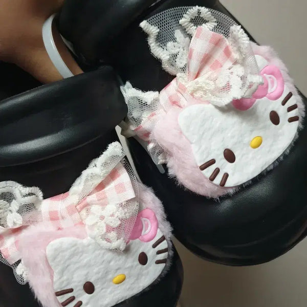 [BUNJANG] Hello Kitty Ribbon Platform Sandals Slippers - Black / 240 헬로키티 리본 통굽 샌들 슬리퍼 블랙