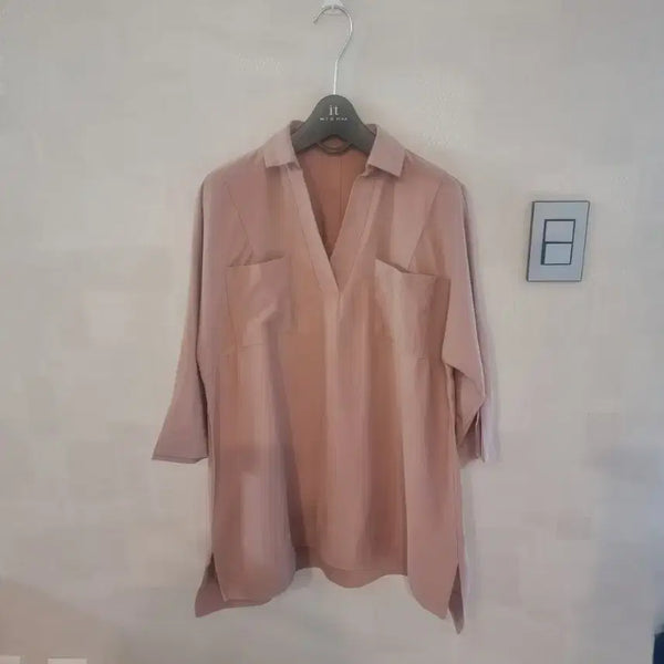[BUNJANG] Caramel Blouse 7-Part Sleeve Pink Beige / 카라 블라우스 핑크 베이지 7부