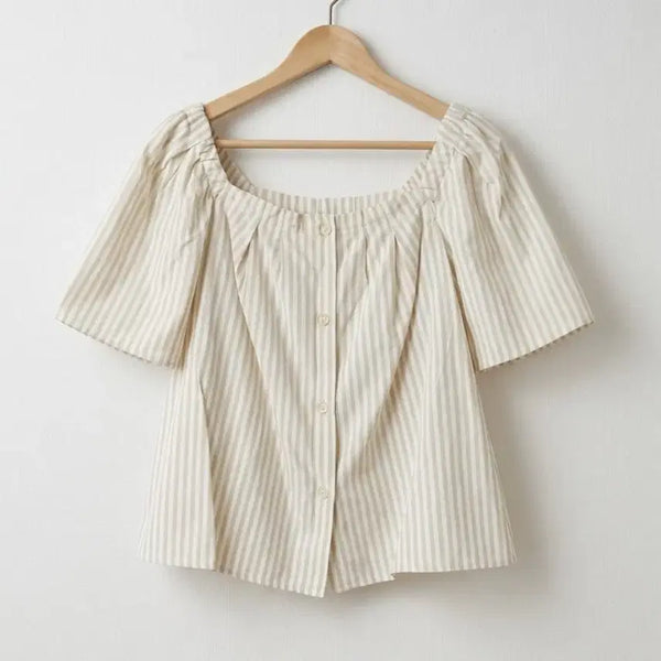 [BUNJANG] Jucycouture Beige Stripe Square Neck Puff Sleeve Blouse / 쥬시꾸뛰르 베이지 스트라이프 블라우스 스퀘어넥 퍼프소매