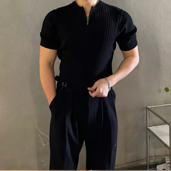 [BUNJANG] Men's Muscle Fit Short Sleeve Knit (Navy) / 남자 머슬핏 반팔 니트 L 착용샷