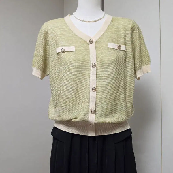 [BUNJANG] V-Neck Short-Sleeve Knit Top / 브이넥 반팔 니트
