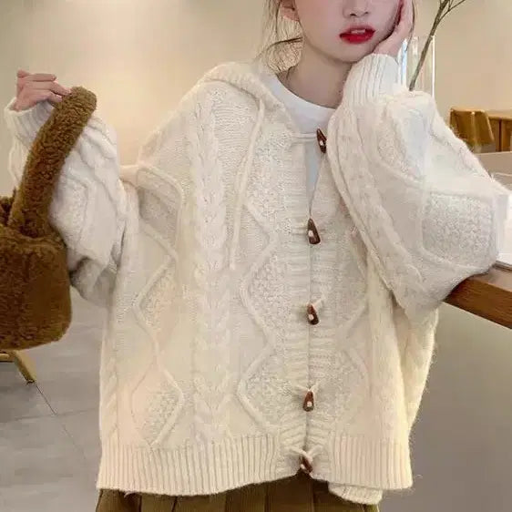 [BUNJANG] Abley Tteokbokki Knit Hood Cardigan - Ivory, M Size / 새상품 에이블리 떡볶이 니트 후드 가디건 아이보리 M사이즈