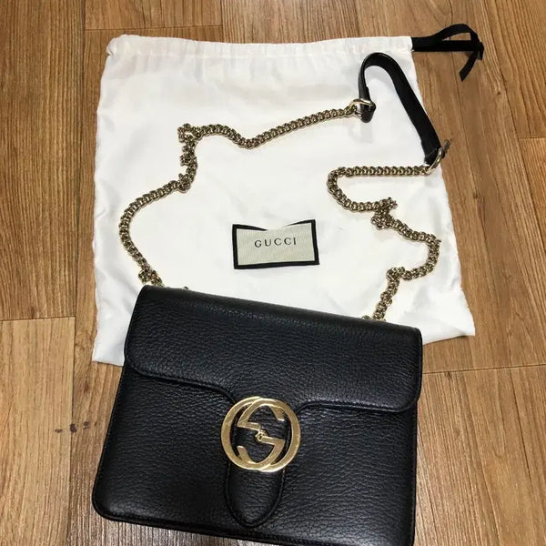 [BUNJANG] Gucci GG Interlocking Chain Shoulder Bag Medium Black / 구찌 GG 인터로킹 체인 숄더백 미디엄 블랙