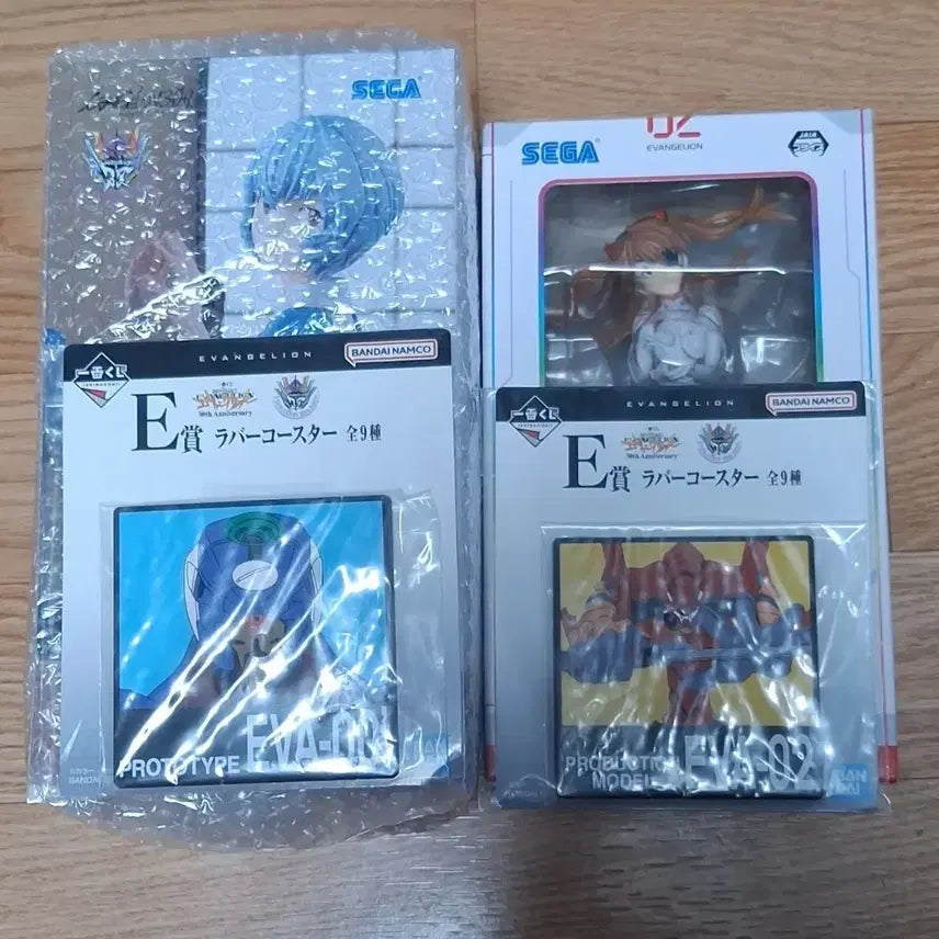 [BUNJANG] Evangelion Rei & Asuka Figure 2 Types & Ichiban Kuji Rubber Coaster 2 Types Set / 에반게리온 레이 아스카 피규어 2종 & 제일복권 러버 2종 코스터 세트