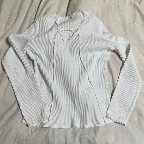 [BUNJANG] Via Plain String Lace T-Shirt / 비아플레인 스트링 레이스 티셔츠