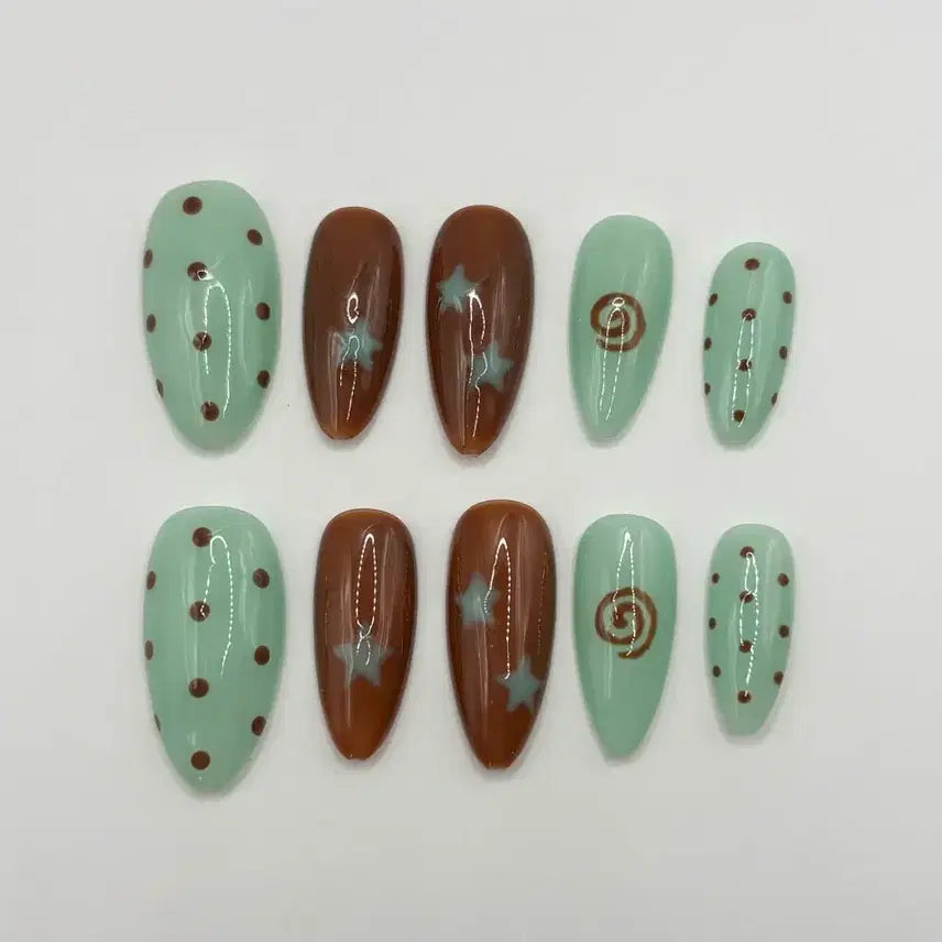 [BUNJANG] Custom Handmade Mint Chocolate Dot Nail Tips (XS/S/M/L) / 민트초코 민초 도트 네일팁 xs/s/m/l 주문제작 수제
