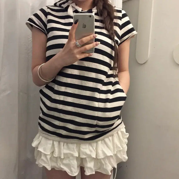 [BUNJANG] Vintage Mori Girl Striped Short Sleeve Hoodie / Vintage 하구미 모리걸 바선생 스트라이프 반팔 후디