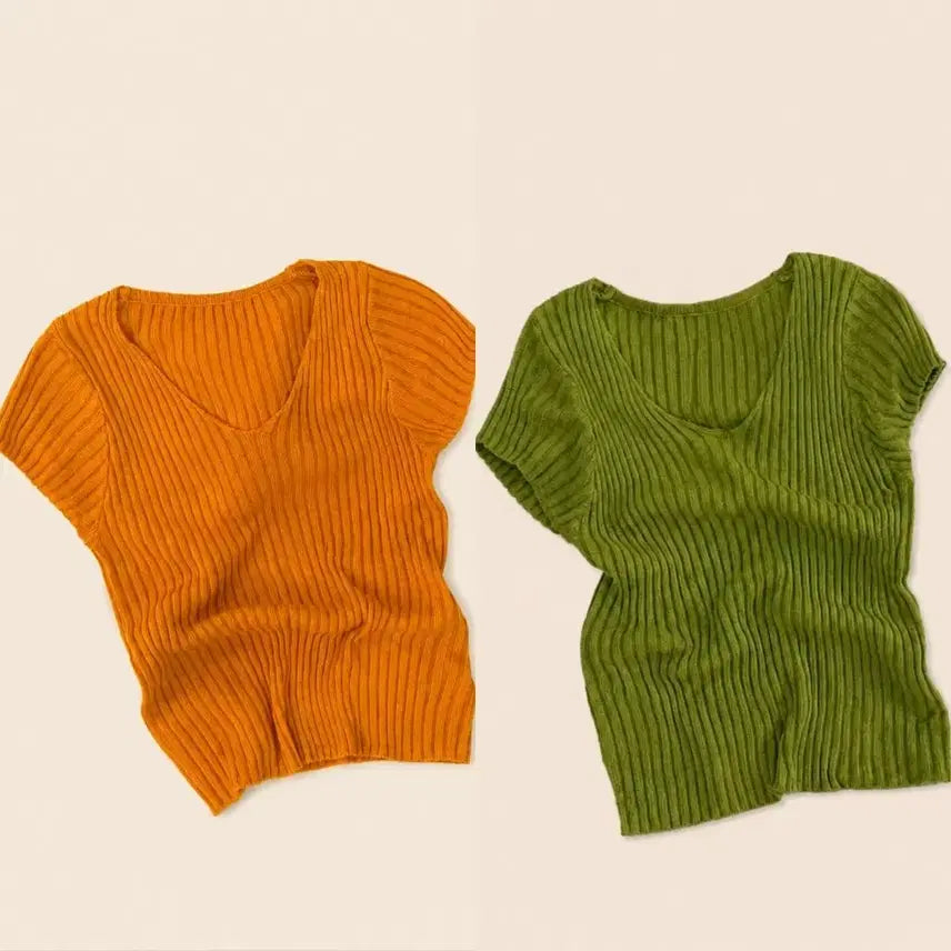 [BUNJANG] Linen Blend Ribbed Cap Sleeve V-Neck Summer T-Shirt / 린넨혼방 골지 캡소매 브이넥 여름티