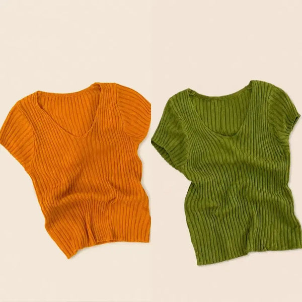 [BUNJANG] Linen Blend Ribbed Cap Sleeve V-Neck Summer T-Shirt / 린넨혼방 골지 캡소매 브이넥 여름티