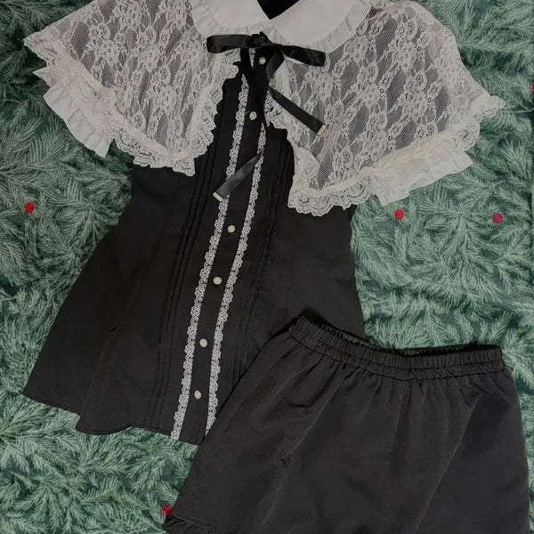 [BUNJANG] Secret Honey Lace Cape Short Sleeve Setup / 시크릿허니 시허니 지뢰계 레이스 케이프 반팔 셋업