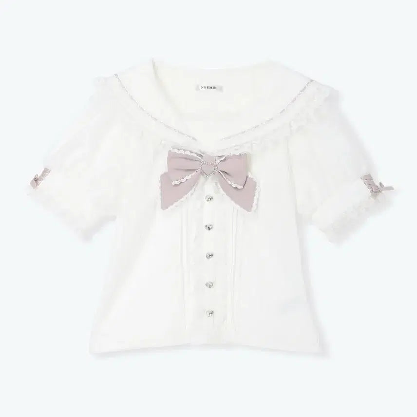 [BUNJANG] NOEMIE Seer Check Heart Buckle Sailor Cut-Sew Blouse / NOEMIE 노에미 시어 체크 하트 버클 세일러 컷소우 블라우스 양산형