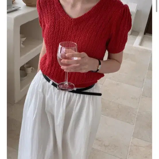 [BUNJANG] Cremme Red Knit Short Sleeve T-Shirt / 크렘므 레드니트 반팔