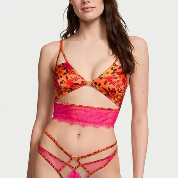[BUNJANG] Victoria's Secret Very Sexy Tropical Satin Lace Cutout Lingerie Set / 빅토리아 시크릿 Very sexy 브라+가터벨트+팬티 란제리 세트