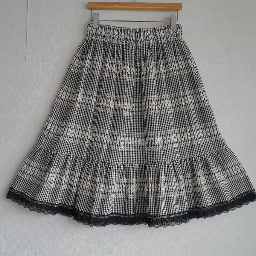 [BUNJANG] Check Lace Tiered Midi Skirt / 체크레이스캉캉미디스커트