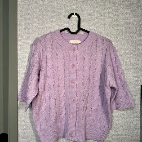 [BUNJANG] Lavender Cable Knit Short-Sleeve Cardigan / 새상품) 연보라 꽈배기 반팔 니트 가디건