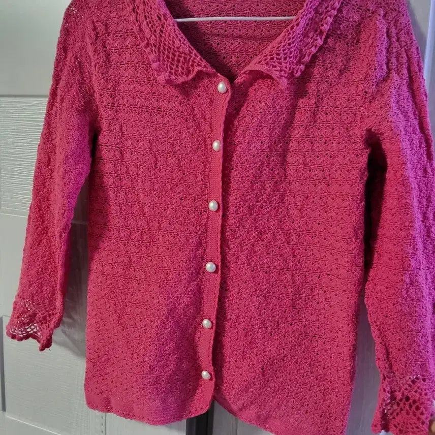 [BUNJANG] Handmade Pearl Button Knit Cardigan / 뜨개질 핑크색 진주 단추 가디건