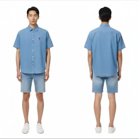 [BUNJANG] AMI Small Heart Denim Short Sleeve Shirt / 아미 스몰 하트 데님 반팔 셔츠