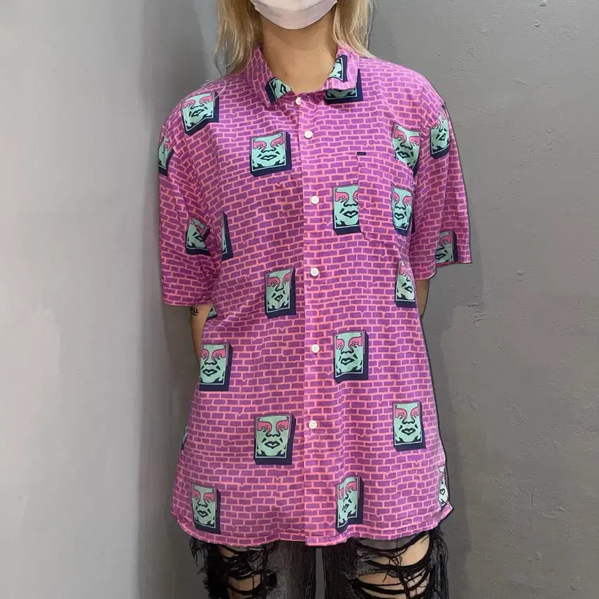 [BUNJANG] Obey Pink Pattern Short Sleeve Shirt / Obey 핑크 패턴 반팔 셔츠