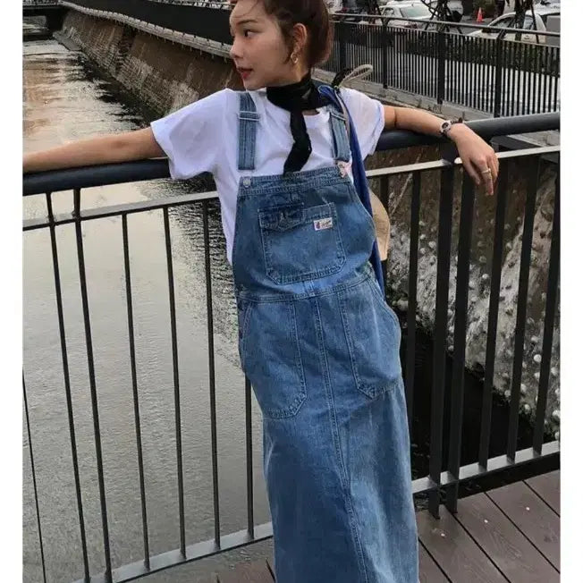 [BUNJANG] AND YOU Cranborn Pocket Point Denim Overall Dress (Mid Blue) / 앤유 크랜본 포켓 포인트 데님 오버롤 원피스 (Mid blue)