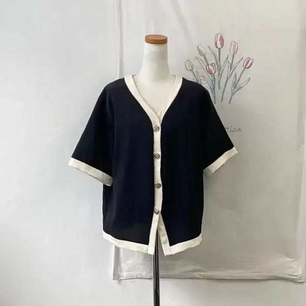 [BUNJANG] Anbef 7-Sleeve Shirt with Cool Fabric Color Blocking / 시원한원단 배색 반팔 트위드 가디건 243