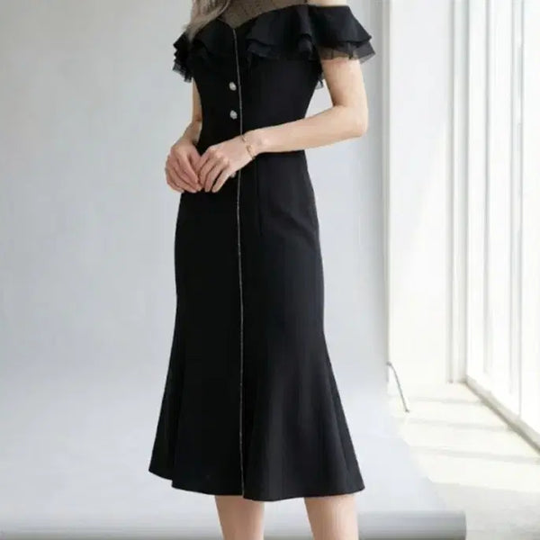 [BUNJANG] S Blanc Satin Off-Shoulder Frill Midi Dress / 사틴 S 블랑 오프숄더 프릴 미디 원피스44~55