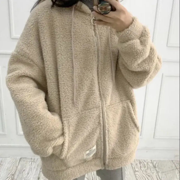[BUNJANG] Small Earth Beige Fleece Hoodie Zip-Up / 스몰어스 베이지 뽀글이 양털 후드집업 루즈핏 양털후리스 뽀글이후리스