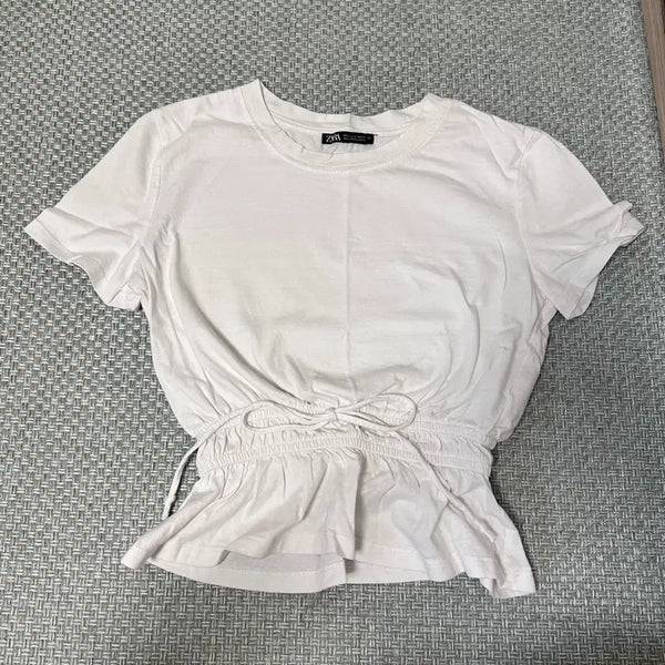 [BUNJANG] ZARA White Short Sleeve Shirring T-Shirt S / ZARA 화이트 반팔 셔링 티셔츠 S