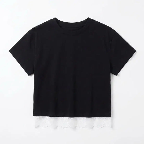[BUNJANG] Women's Black Lace Sleeve T-Shirt XL / 여성XL/ 레이스 카바 블랙 반팔티 35-148
