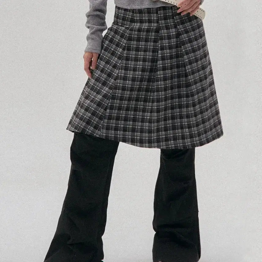 [BUNJANG] Place Studio Double Button Check Midi Layered Wrap Pleated Skirt / 플레이스 스튜디오 더블 버튼 체크 미디 레이어드 랩 플리츠 스커트[체크]