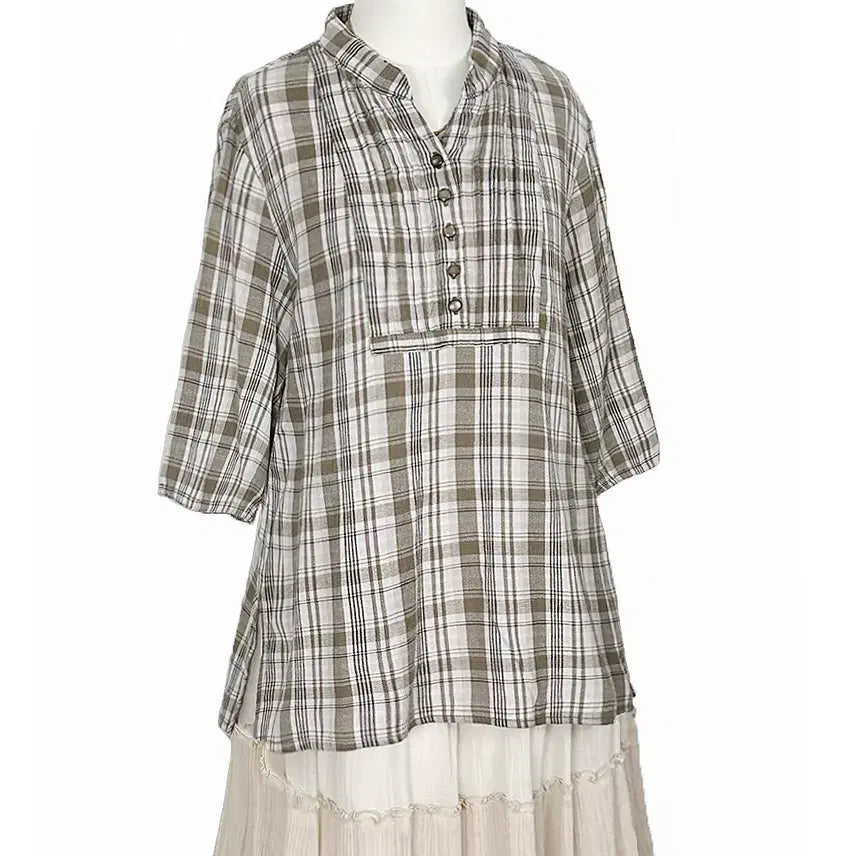 [BUNJANG] Vintage Beige Check Pin Tuck Shirt (S-M) / 일본빈티지 얇은면 반오픈버튼업 체크핀턱셔츠티베이지 모리걸하구미룩갸루y2k
