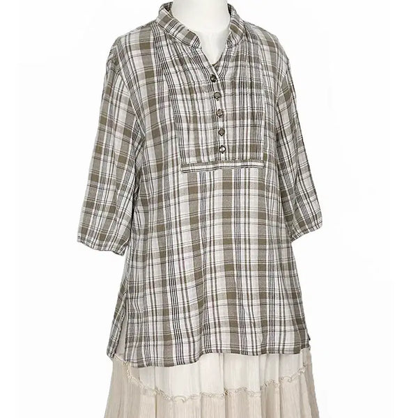 [BUNJANG] Vintage Beige Check Pin Tuck Shirt (S-M) / 일본빈티지 얇은면 반오픈버튼업 체크핀턱셔츠티베이지 모리걸하구미룩갸루y2k