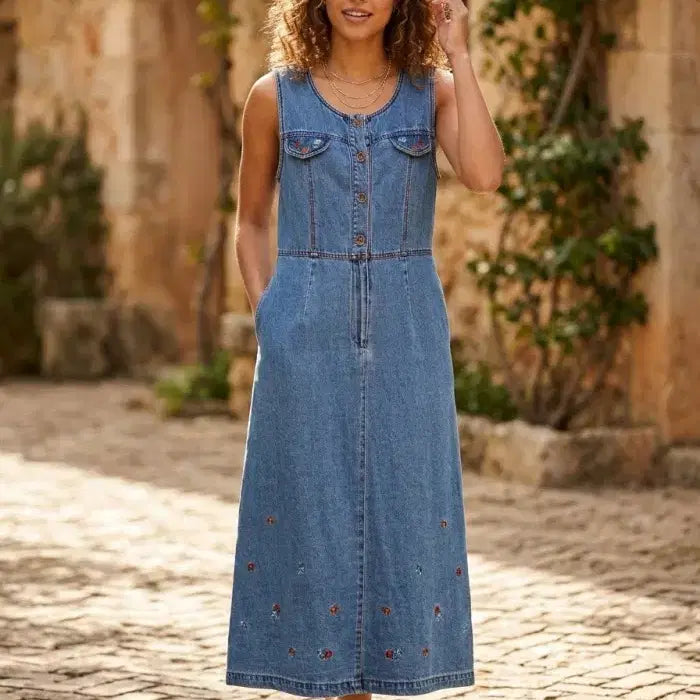 [BUNJANG] Micmac Vintage Embroidered Sleeveless Denim Dress / 미끄마끄 micmac 완전 빈티지 자수 데님 민소매 원피스 55
