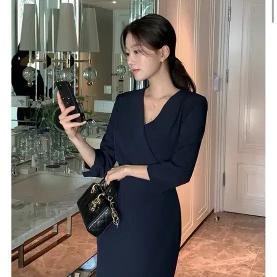 [BUNJANG] Fromdayone Wrap Midi Dress Navy / 프롬데이원 랩 미디 원피스 (하객룩 원피스 _새상품!!)