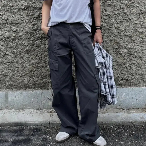[BUNJANG] Leathery Flap Cargo Pants [Dark Grey] / 레더리 플랩 카고 팬츠 [DARK GREY]