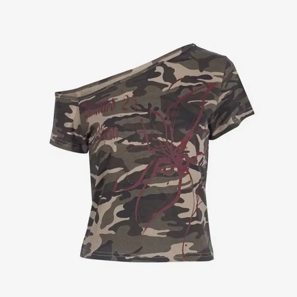 [BUNJANG] Another A One Shoulder Camo T-Shirt - Beige / 어나더에이 원숄더 카모 티셔츠_베이지