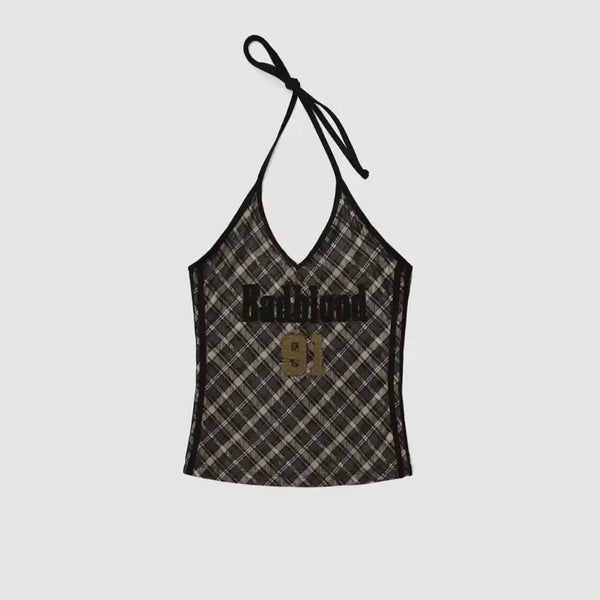 [BUNJANG] Bad Blood [AQUA] Vintage Club Halter Tank - Check Brown / 배드블러드 [AQUA] 빈티지 클럽 홀터 탱크 - 체크브라운