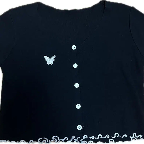 [BUNJANG] Butterfly Embroidery Wave Crop Cardigan Black / 나비 자수 물결 크롭 블랙 가디건