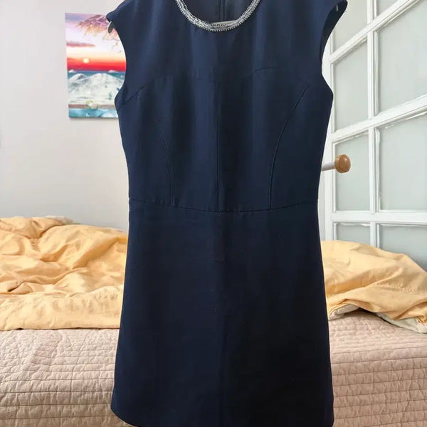 [BUNJANG] Navy Short Sleeve Jumpsuit with Silver Neck Detail / 네이비 반팔 점프수트