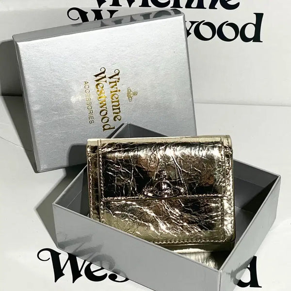 [BUNJANG] Vivienne Westwood Metallic Crinkle Flap Small Wallet Gold / 비비안 웨스트우드 메탈릭 크링클 플랩 스몰 월렛 골드