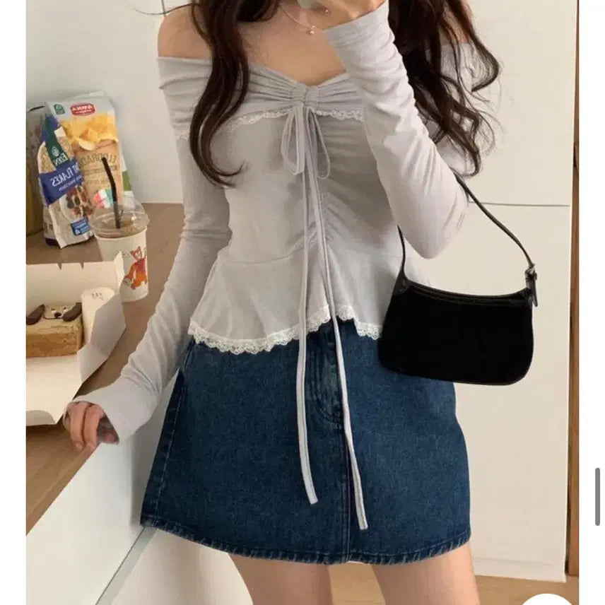 [BUNJANG] Peter and Wendy Ranee Shirring Off-Shoulder T-shirt Set (Light Grey) + Skirt (S) / 피터앤웬디 라니 셔링 오프숄더 티셔츠 연그레이+스커트(s) 셋업 새상품
