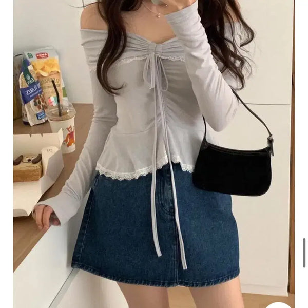 [BUNJANG] Peter and Wendy Ranee Shirring Off-Shoulder T-shirt Set (Light Grey) + Skirt (S) / 피터앤웬디 라니 셔링 오프숄더 티셔츠 연그레이+스커트(s) 셋업 새상품